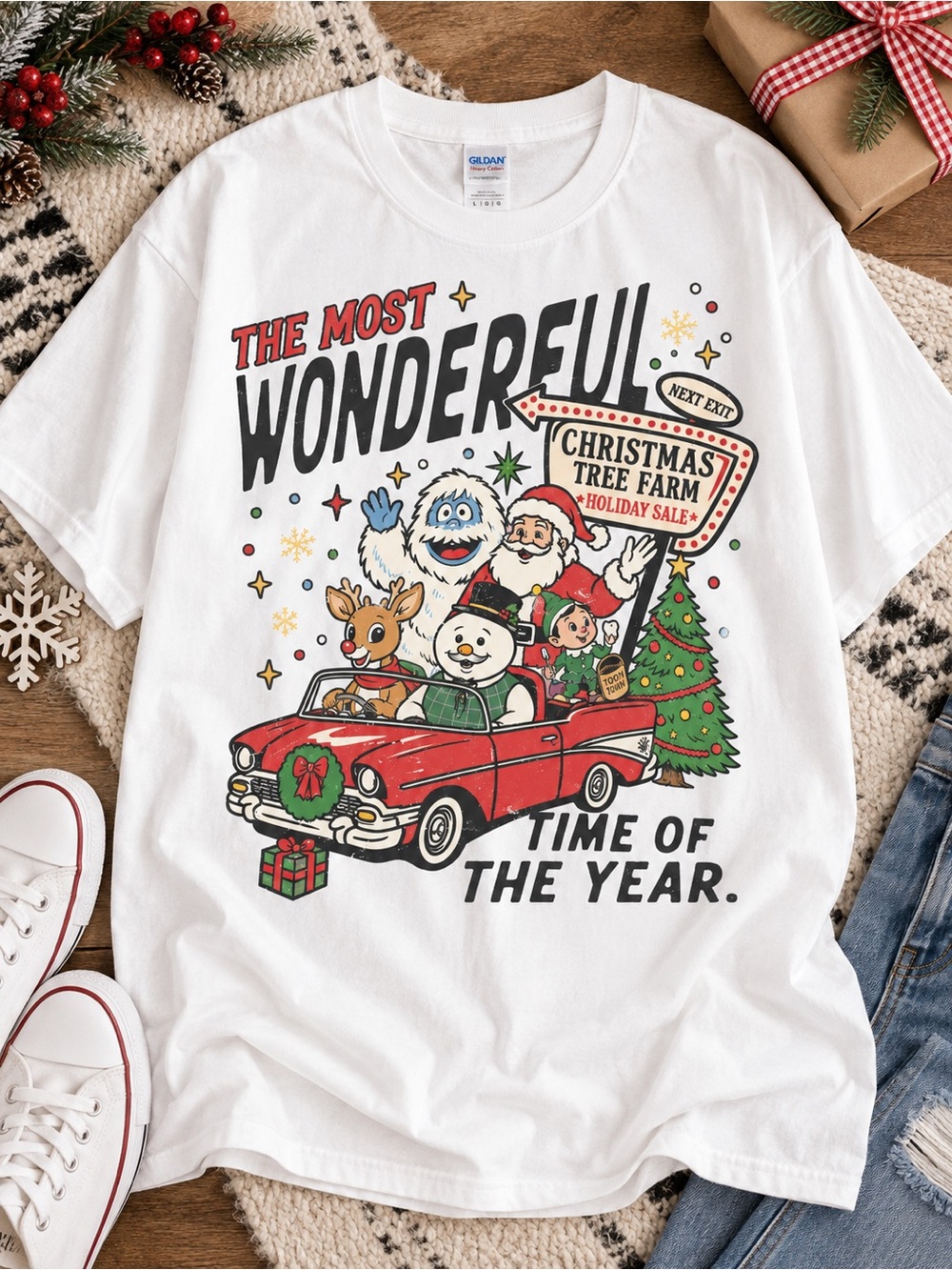 The Most Wonderful Time Christmas Shirt Red Car Tree Farm Graphic Tee